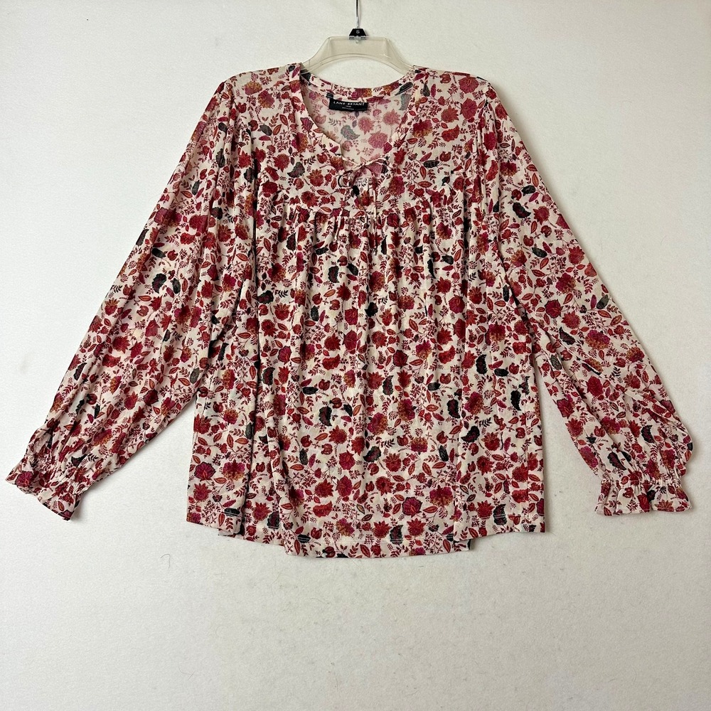 Lane Bryant Red Floral Mesh Blouse Split Tie Neck Ruffle Cuff Top Plus Sz 18/20â